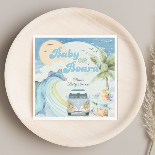 Baby on Board Retro Surfing Beach Baby Shower Napkins (Creator Uploaded)