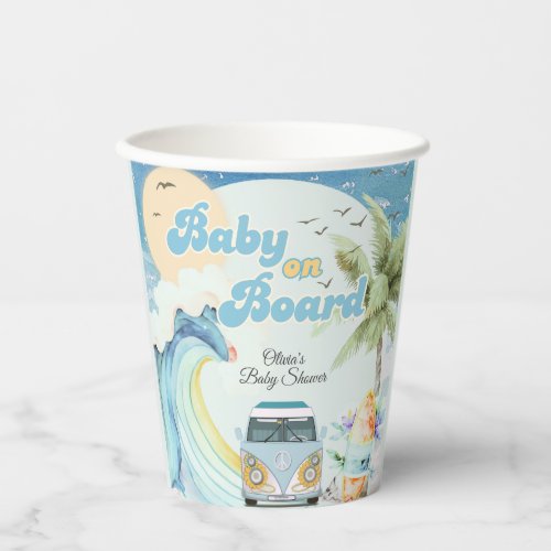 Baby on Board Retro Surfing Beach Baby Shower Paper Cups