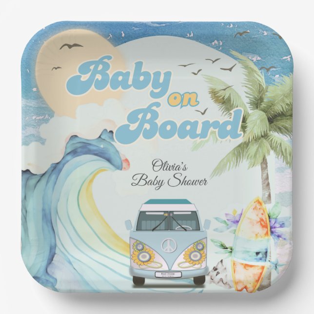 Baby on Board Retro Surfing Beach Baby Shower Paper Plates (Front)