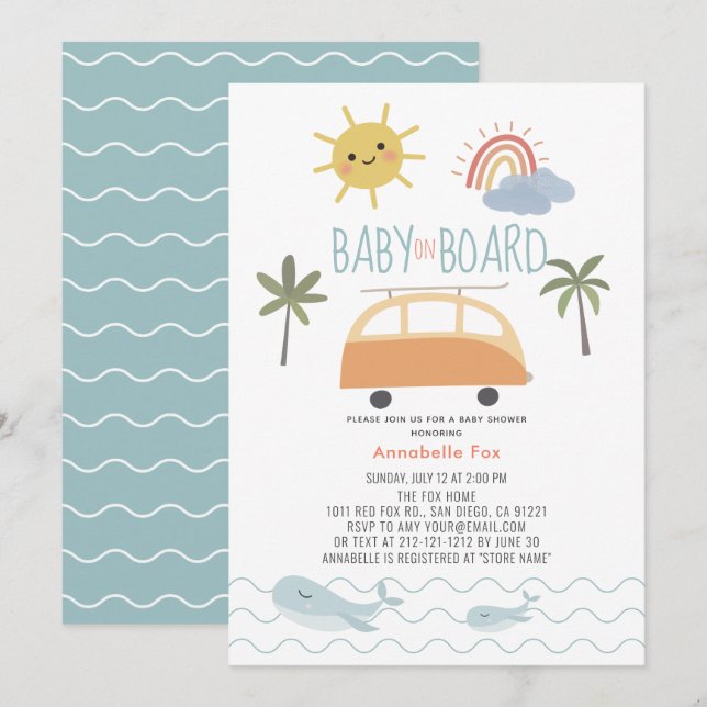 Baby on Board Sunshine Rainbow Van Baby Shower Invitation (Front/Back)
