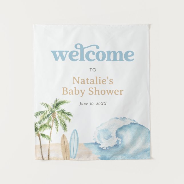 Baby on Board Surf Baby Baby Shower Welcome Sign Tapestry (Front)