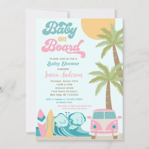 Baby on Board Surf Baby Shower Invitations Girl