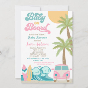 Baby on Board Surf Baby Shower Invitations Girl