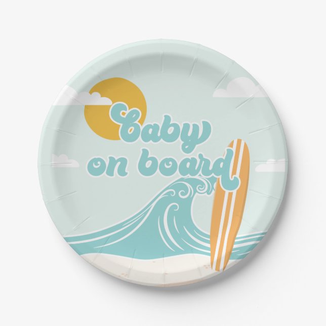 Baby on Board Surf Beach Baby Shower Paper Plates (Front)