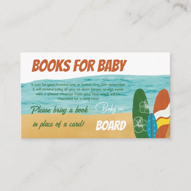 Baby on Board Surf Beach Books to Baby Shower Game Enclosure Card (Front)