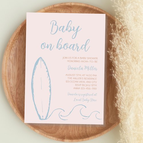 Baby On Board Surf Hand Drawn Baby Boy Shower Invitation