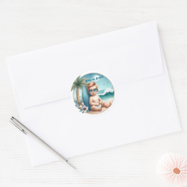 Baby on Board Surf-Themed Beach Baby Shower Classic Round Sticker (Envelope)