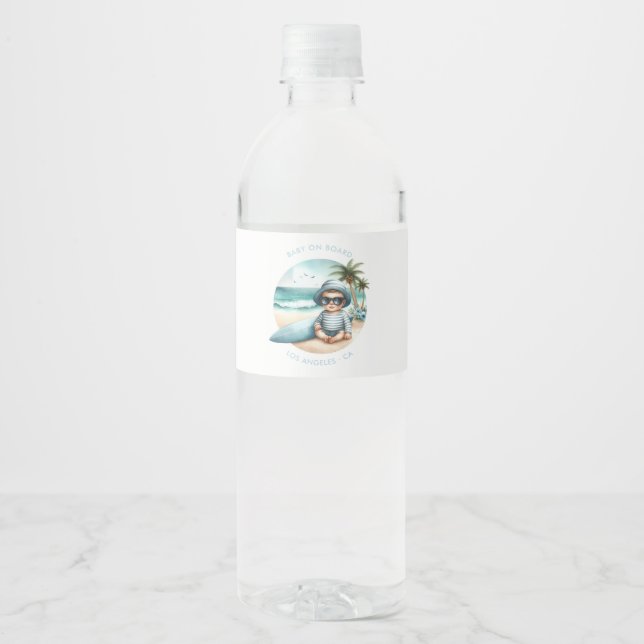 Baby on Board Surf-Themed Beach Baby Shower Water Bottle Label (Front)