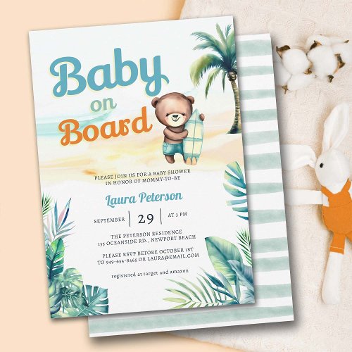 Baby on Board Surf Tropical Cute Boy Baby Shower Invitation