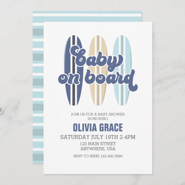 Baby on Board Surfboard Beach Baby Shower Invitati Invitation (Front/Back)