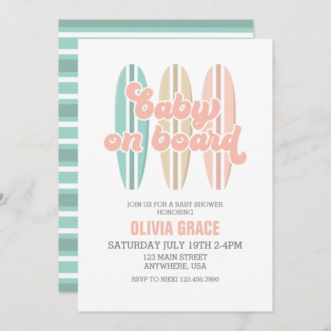 Baby on Board Surfboard Beach Baby Shower Invitation (Front/Back)