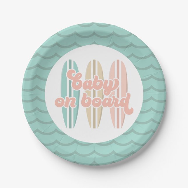 Baby on Board Surfboard Beach Baby Shower Paper Pl Paper Plates (Front)