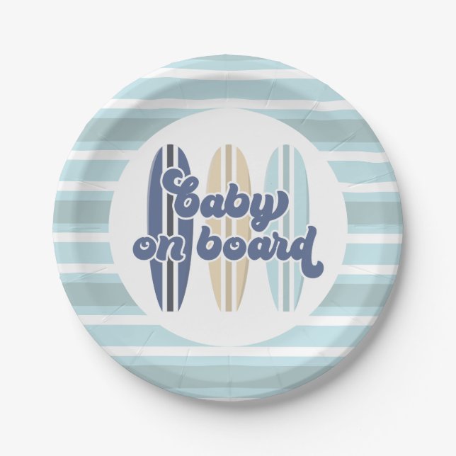Baby on Board Surfboard Beach Baby Shower Paper Pl Plates (Front)