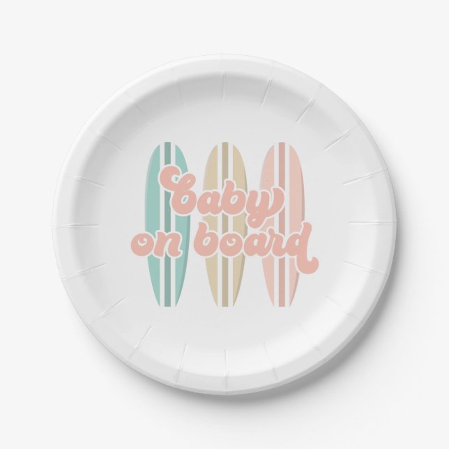 Baby on Board Surfboard Beach Baby Shower Paper Plates (Front)