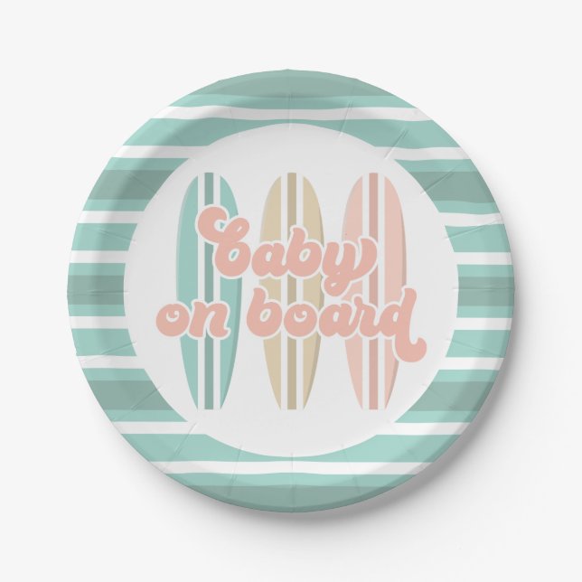Baby on Board Surfboard Beach Baby Shower Paper Plates (Front)