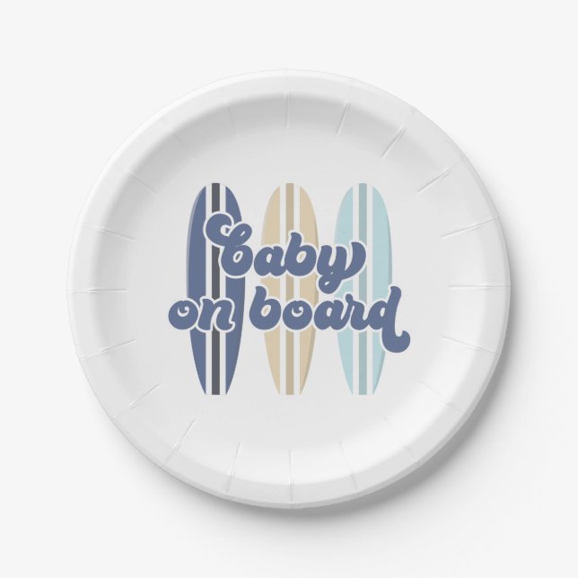 Baby on Board Surfboard Beach Baby Shower Paper Plates (Front)