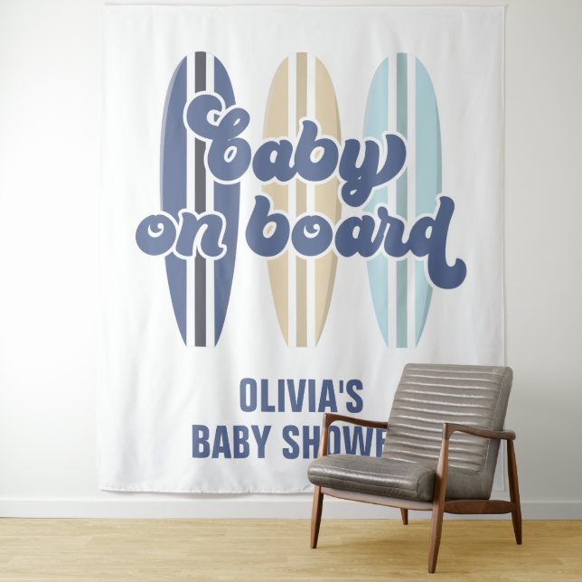 Baby on Board Surfboard Beach Baby Shower Tapestry (In Situ)