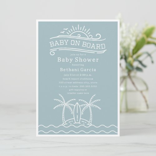 Baby On Board Surfboard Beach Blue Baby Shower Invitation