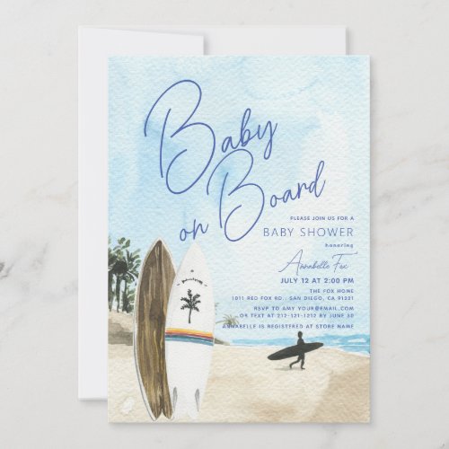 Baby on Board Surfboard Beach Blue Boy Baby Shower Invitation