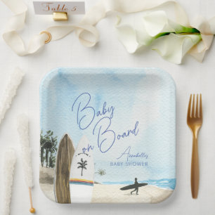 Baby on Board Surfboard Beach Blue Boy Baby Shower Paper Plates
