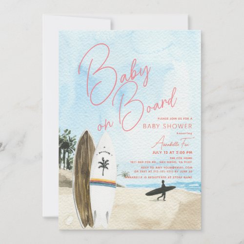 Baby on Board Surfboard Beach Girl Baby Shower Invitation