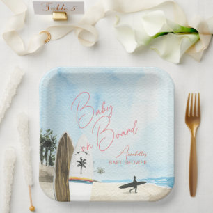 Baby on Board Surfboard Beach Pink Baby Shower Paper Plates
