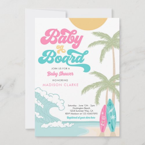 Baby on Board Surfboard Beach Retro Baby Shower Invitation