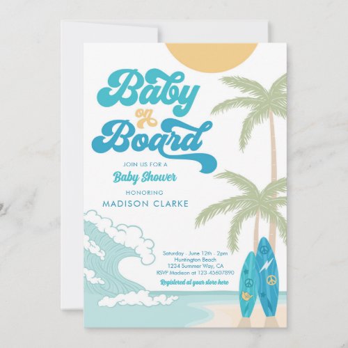 Baby on Board Surfboard Beach Retro Baby Shower Invitation