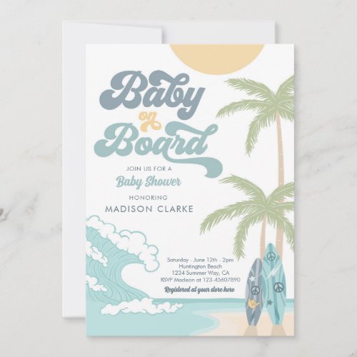 Baby on Board Surfboard Beach Retro Baby Shower Invitation