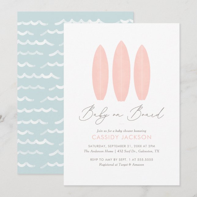 Baby on Board Surfboard Girl Baby Shower Invitation (Front/Back)