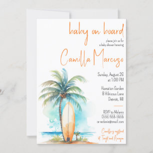Baby on Board, Surfboard, Palm Tree Baby Shower Invitation