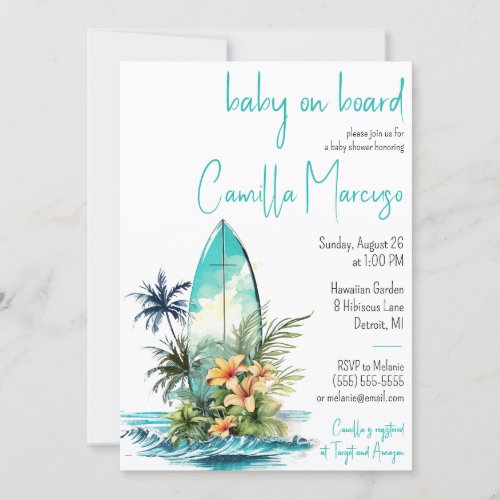 Baby on Board Surfboard Palm Tree Baby Shower Invitation