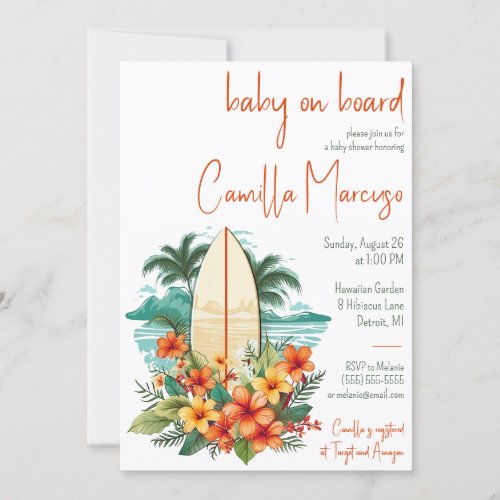 Baby on Board Surfboard Palm Tree Baby Shower Invitation