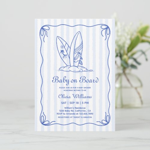 Baby on Board, Surfboard Stripes Bow Baby Shower  Invitation