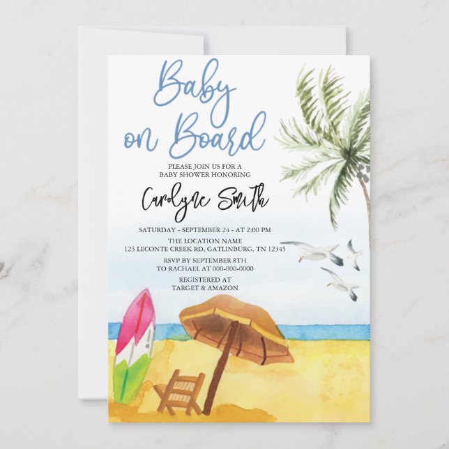 Baby on Board Surfboard Summer Beach Baby Shower Invitation (Front)