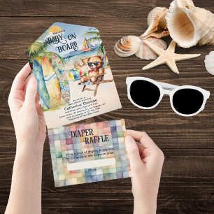 Baby On Board Surfboard Teddy Bear Baby Shower All In One Invitation