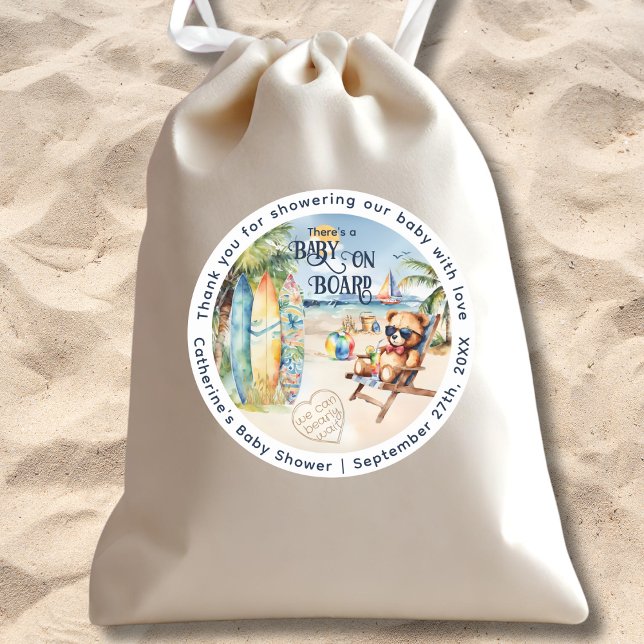 Baby On Board Surfboard Teddy Bear Baby Shower Classic Round Sticker (Creator Uploaded)