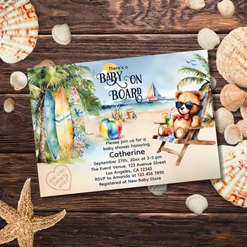 Baby On Board Surfboard Teddy Bear Baby Shower Invitation