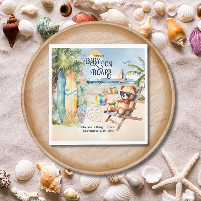 Baby On Board Surfboard Teddy Bear Baby Shower Napkins (Creator Uploaded)