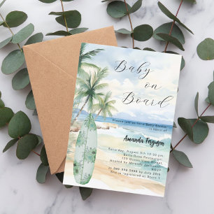 Baby on Board surfboard tropical beach Baby Shower Invitation