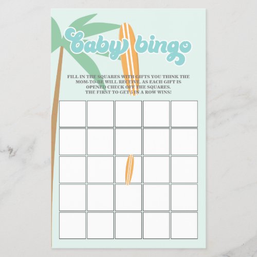 Baby on Board Surfing Baby Shower Bingo Flyer