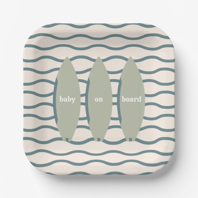 "Baby On Board" Surfing Baby Shower Ocean Theme Paper Plates (Front)