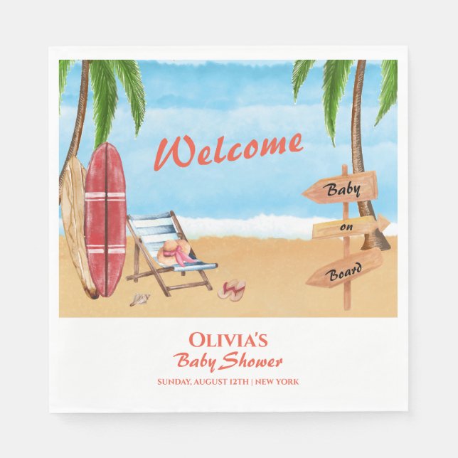 Baby On Board Surfing  Baby Shower Welcome Napkins (Front)