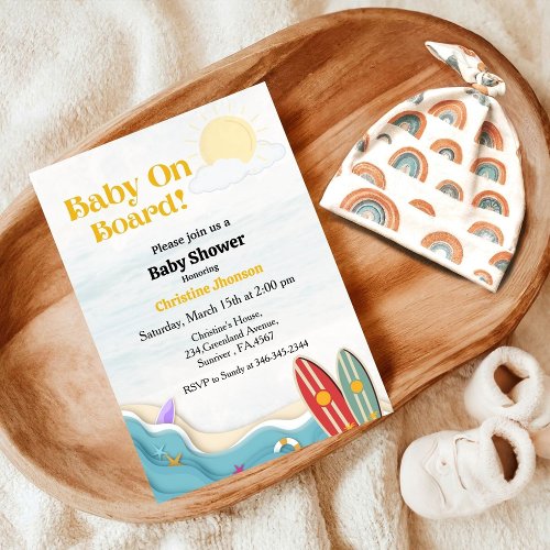 Baby on board surfing beach baby shower invitation