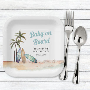 Baby On Board Surfing Beach Baby Shower Paper Plates