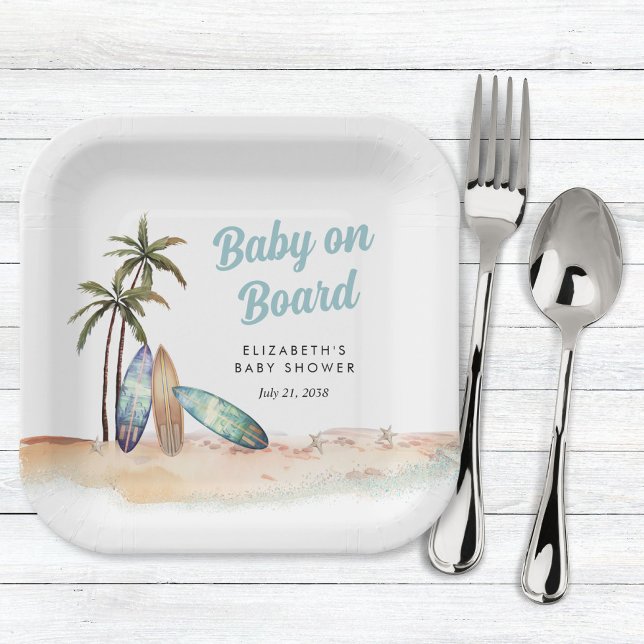 Baby On Board Surfing Beach Baby Shower Paper Plates (Creator Uploaded)