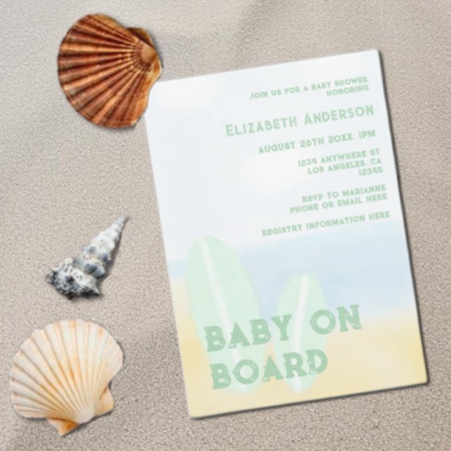 Baby On Board Surfing Beach Watercolor Baby Shower Invitation (Creator Uploaded)