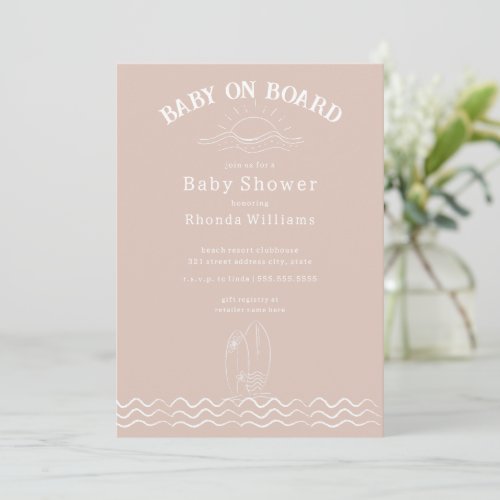 Baby On Board Surfing Green Beach Baby Shower Invitation