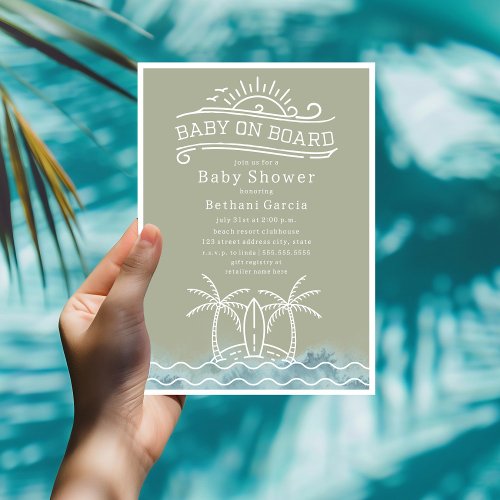 Baby On Board Surfing Green Beach Baby Shower Invitation