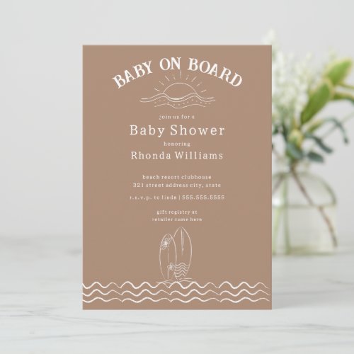 Baby On Board Surfing Green Beach Baby Shower Invitation